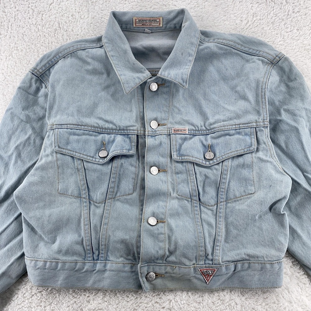 Vtg Guess Jeans Jacket CROPPED Small Denim Trucker Made USA Georges Marciano 90s
